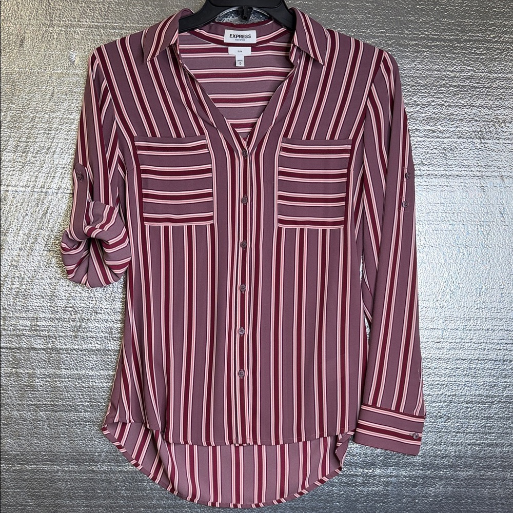 Express Women's Burgundy Pink White Striped Button-Down Shirt